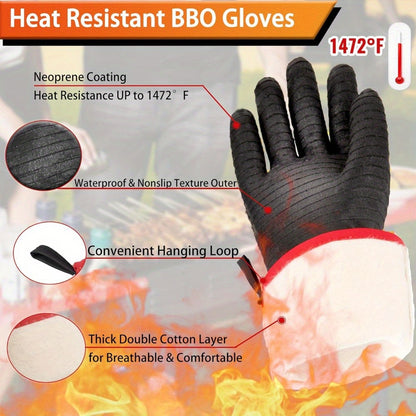 1472°F Thicken Heat Resistant Gloves for Grill BBQ w\u002F S-Hook Kitchen Oven Mitts Waterproof Grill Gloves Neoprene Coating waterproof Oil Resistant Grilling Gloves Neoprene