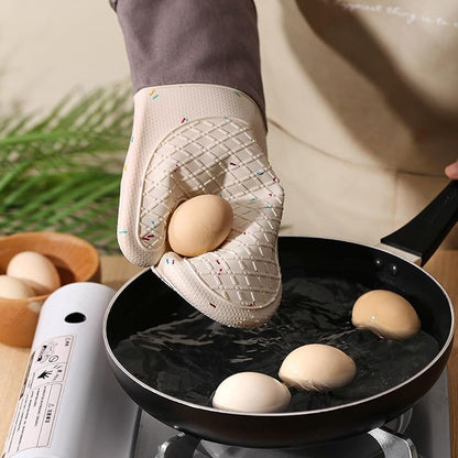 Add Cotton Silicone Oven Gloves, Plaid Cloth Hand Clips, Anti-Scald Microwave Oven Gloves, Silicone Heat Insulation Gloves