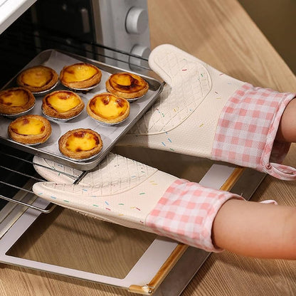 Add Cotton Silicone Oven Gloves, Plaid Cloth Hand Clips, Anti-Scald Microwave Oven Gloves, Silicone Heat Insulation Gloves