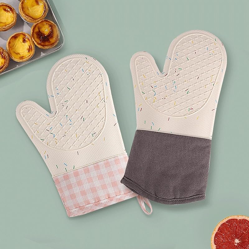 Add Cotton Silicone Oven Gloves, Plaid Cloth Hand Clips, Anti-Scald Microwave Oven Gloves, Silicone Heat Insulation Gloves