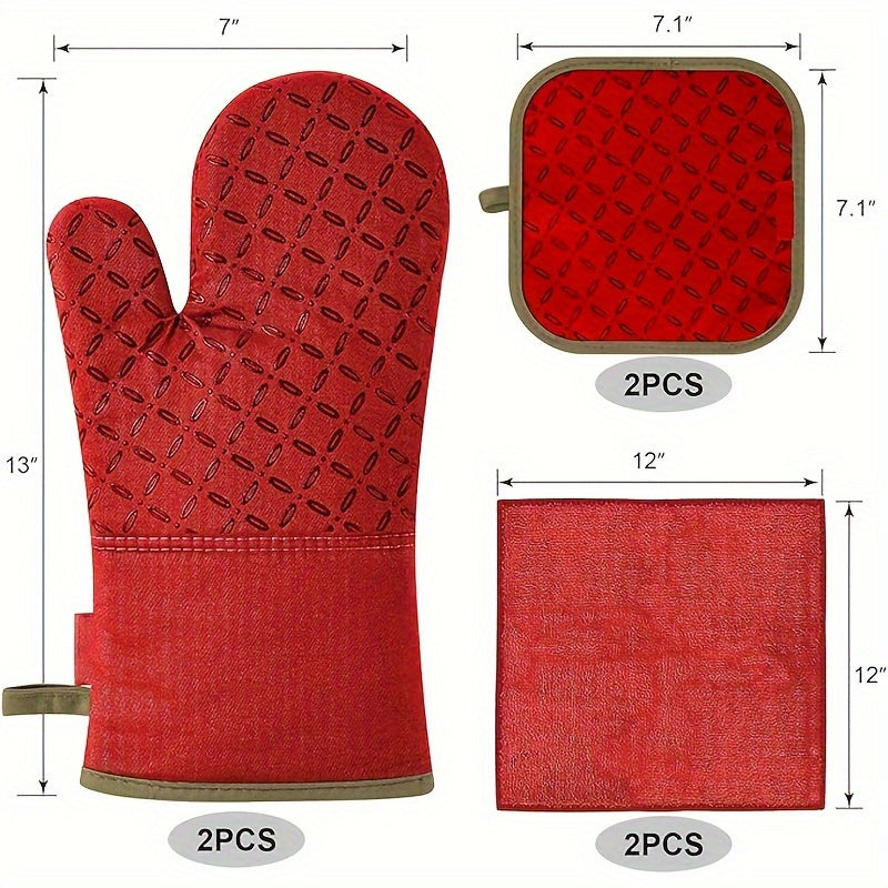 High Heat Resistant 500 Degree Oven Mitts and Pot Holders - 6pcs Set, 1 Pair Extra Long Oven Glove with Non-Slip Silicone Surface for Cooking