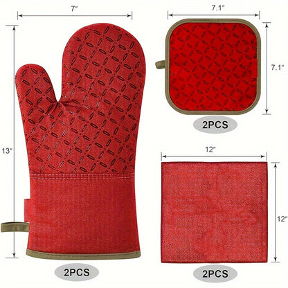 High Heat Resistant 500 Degree Oven Mitts and Pot Holders - 6pcs Set, 1 Pair Extra Long Oven Glove with Non-Slip Silicone Surface for Cooking