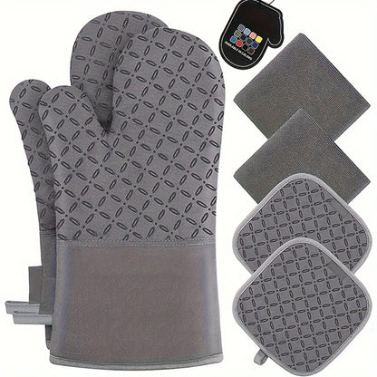 High Heat Resistant 500 Degree Oven Mitts and Pot Holders - 6pcs Set, 1 Pair Extra Long Oven Glove with Non-Slip Silicone Surface for Cooking