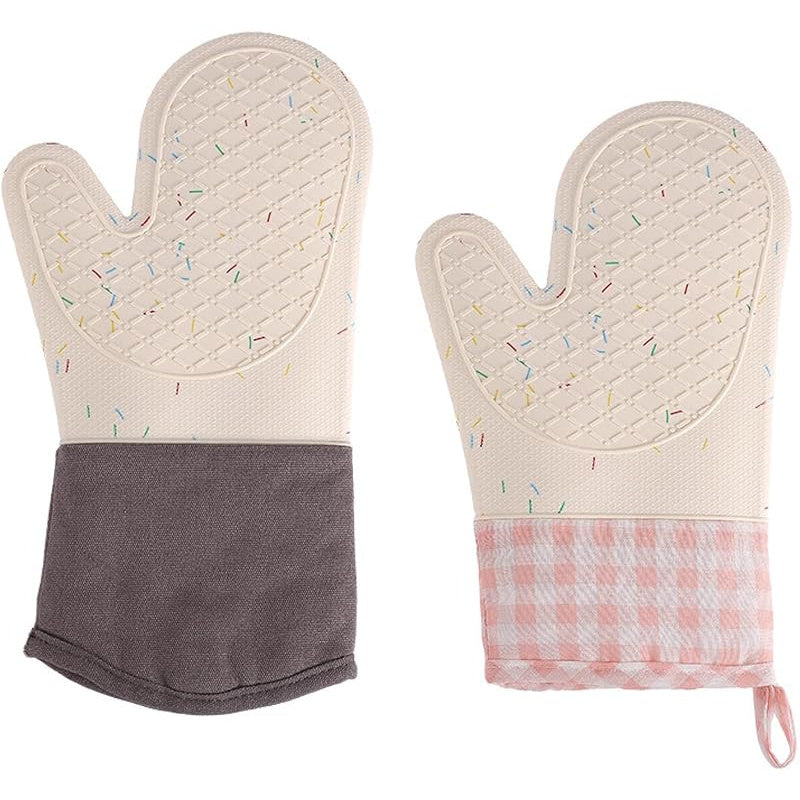 Add Cotton Silicone Oven Gloves, Plaid Cloth Hand Clips, Anti-Scald Microwave Oven Gloves, Silicone Heat Insulation Gloves