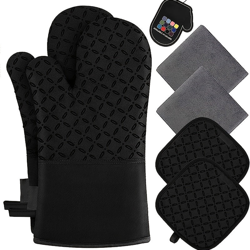High Heat Resistant 500 Degree Oven Mitts and Pot Holders - 6pcs Set, 1 Pair Extra Long Oven Glove with Non-Slip Silicone Surface for Cooking