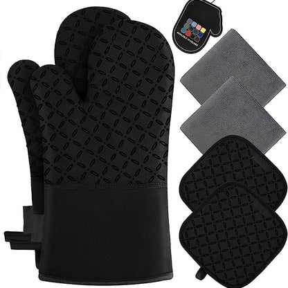 High Heat Resistant 500 Degree Oven Mitts and Pot Holders - 6pcs Set, 1 Pair Extra Long Oven Glove with Non-Slip Silicone Surface for Cooking