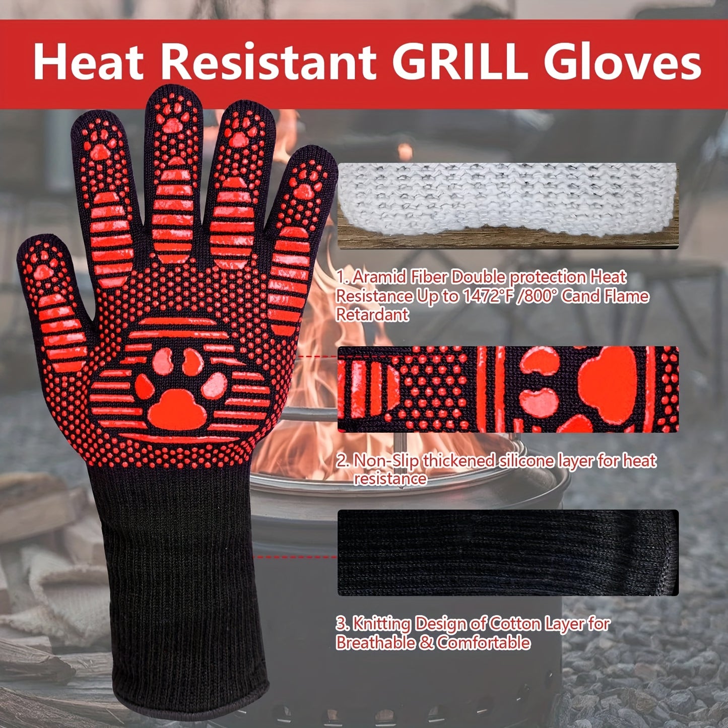 Extended BBQ Gloves, 1472°F Heat Resistant BBQ Gloves, 14 Inch Oven Cooking Gloves, Non-slip BBQ Gloves, BBQ, Smoking, Baking, Frying.