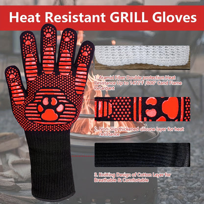 Extended BBQ Gloves, 1472°F Heat Resistant BBQ Gloves, 14 Inch Oven Cooking Gloves, Non-slip BBQ Gloves, BBQ, Smoking, Baking, Frying.