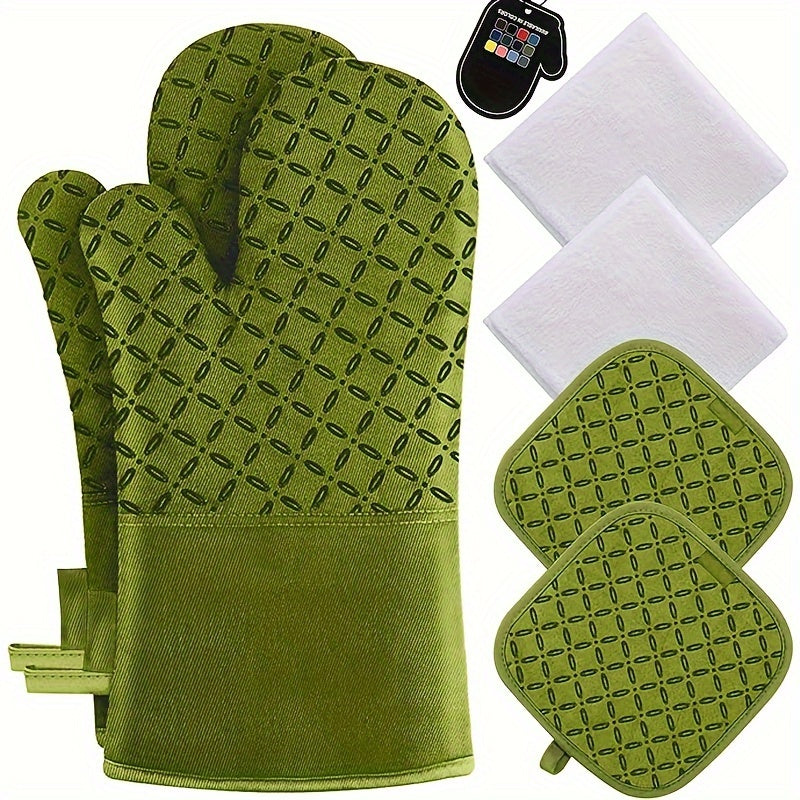 High Heat Resistant 500 Degree Oven Mitts and Pot Holders - 6pcs Set, 1 Pair Extra Long Oven Glove with Non-Slip Silicone Surface for Cooking