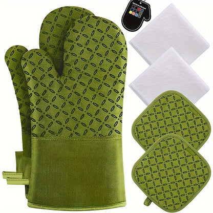 High Heat Resistant 500 Degree Oven Mitts and Pot Holders - 6pcs Set, 1 Pair Extra Long Oven Glove with Non-Slip Silicone Surface for Cooking