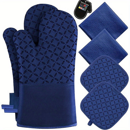 High Heat Resistant 500 Degree Oven Mitts and Pot Holders - 6pcs Set, 1 Pair Extra Long Oven Glove with Non-Slip Silicone Surface for Cooking