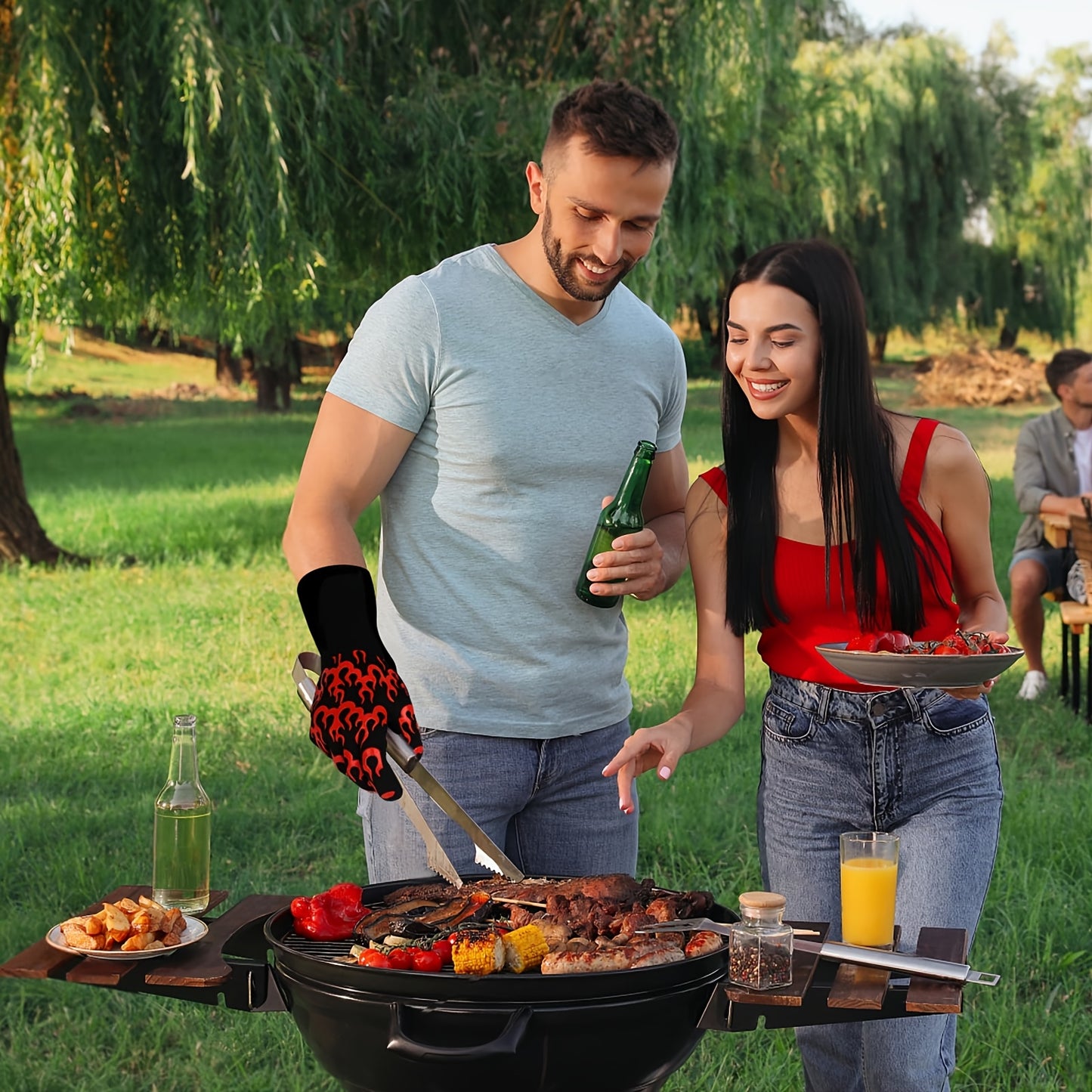 Extended BBQ Gloves, 1472°F Heat Resistant BBQ Gloves, 14 Inch Oven Cooking Gloves, Non-slip BBQ Gloves, BBQ, Smoking, Baking, Frying.
