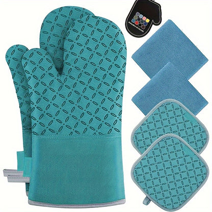 High Heat Resistant 500 Degree Oven Mitts and Pot Holders - 6pcs Set, 1 Pair Extra Long Oven Glove with Non-Slip Silicone Surface for Cooking