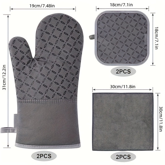 High Heat Resistant 500 Degree Oven Mitts and Pot Holders - 6pcs Set, 1 Pair Extra Long Oven Glove with Non-Slip Silicone Surface for Cooking